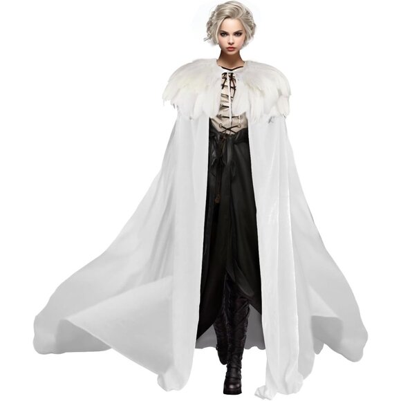 Women Classic Witch Costume and Natural Feather Cape Halloween Witchy Cloak - Picture 1 of 6